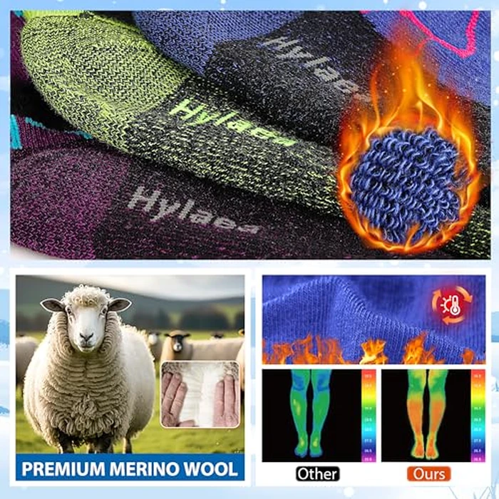 Hylaea Merino Wool Ski Socks - Knee High for Snowboarding, Snow Winter Thermal Warm, Hunting, Outdoor Sports - Multi Colors 3 Pairs Large by Hylaea - Image 3