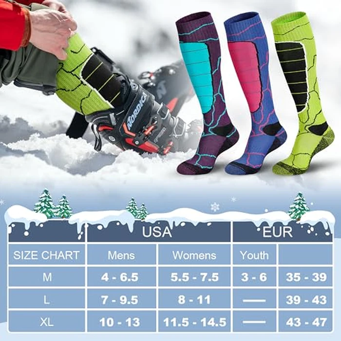 Hylaea Merino Wool Ski Socks - Knee High for Snowboarding, Snow Winter Thermal Warm, Hunting, Outdoor Sports - Multi Colors 3 Pairs Large by Hylaea - Image 6