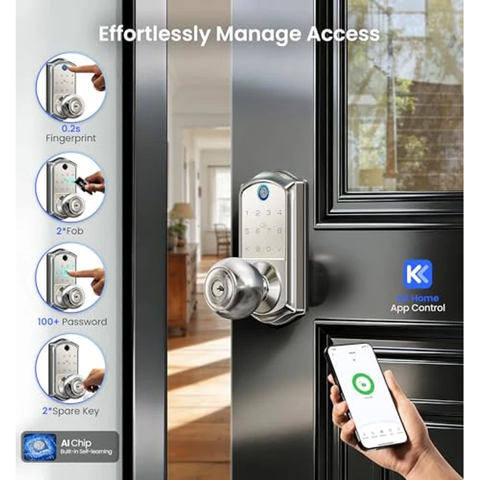 Veise VE018 Smart Knob Handle Lock - Fingerprint, App Control, Keyless Entry for Front Door and Bedroom, Electronic Digital Keypad, Auto Lock, Remote Access Sharing, IP55 Weatherproof, Satin Nickel by Veise - Image 1