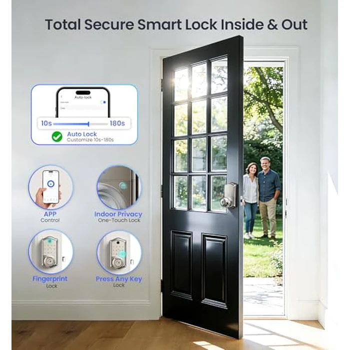 Veise VE018 Smart Knob Handle Lock - Fingerprint, App Control, Keyless Entry for Front Door and Bedroom, Electronic Digital Keypad, Auto Lock, Remote Access Sharing, IP55 Weatherproof, Satin Nickel by Veise - Image 5