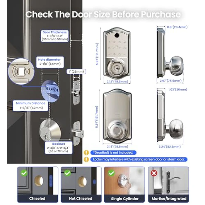 Veise VE018 Smart Knob Handle Lock - Fingerprint, App Control, Keyless Entry for Front Door and Bedroom, Electronic Digital Keypad, Auto Lock, Remote Access Sharing, IP55 Weatherproof, Satin Nickel by Veise - Image 7