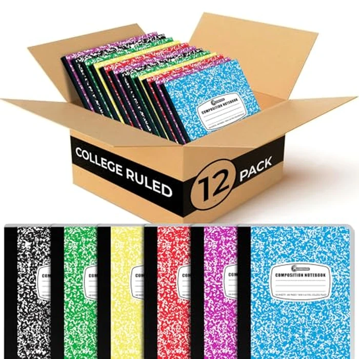 Rosmonde 12 Pack Bulk Composition Notebooks College Ruled, 200 Pages (100 Sheets), 9-3/4 x 7-1/2, Hard Cover College Ruled Notebooks, Assorted Colors Composition Notebook For School, Colors May Repeat by Rosmonde - Used - Like New condition - US$7.58