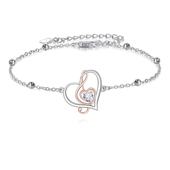 AOBOCO 925 Sterling Silver Music Note Charm Adjustable Bracelet with Heart Cubic Zirconia Music Jewelry Gifts for Women by AOBOCO - Image 1