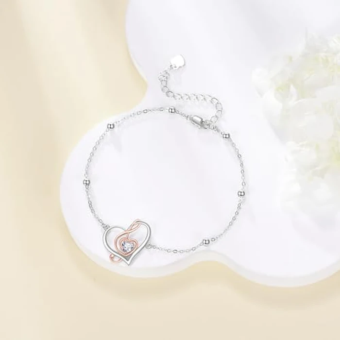 AOBOCO 925 Sterling Silver Music Note Charm Adjustable Bracelet with Heart Cubic Zirconia Music Jewelry Gifts for Women by AOBOCO - Image 3