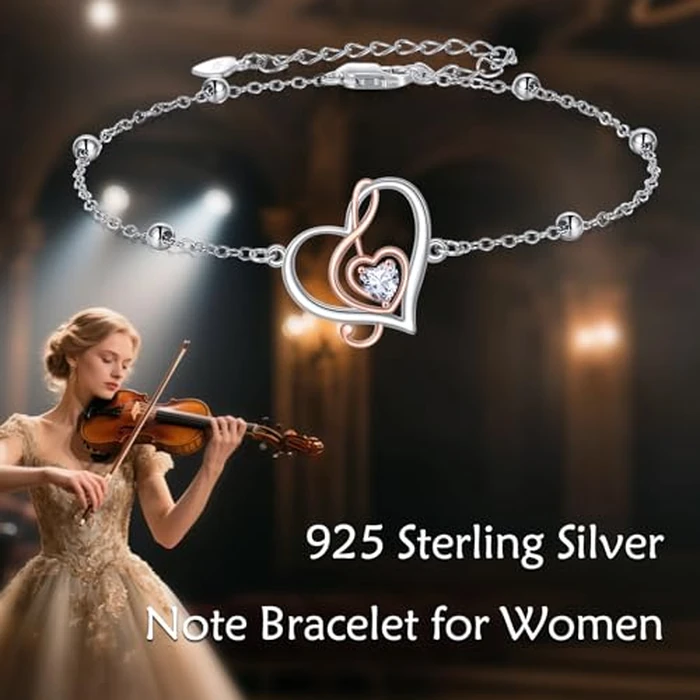 AOBOCO 925 Sterling Silver Music Note Charm Adjustable Bracelet with Heart Cubic Zirconia Music Jewelry Gifts for Women by AOBOCO - Image 5