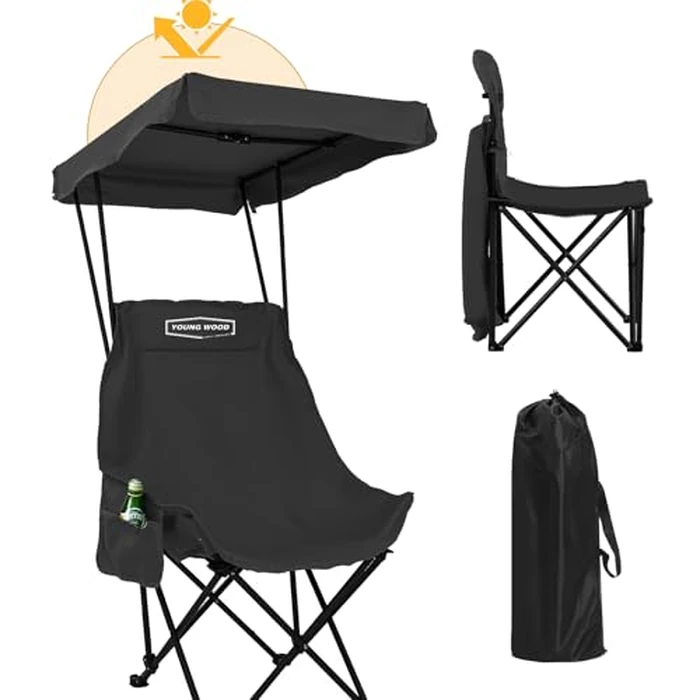 YOUNG WOOD Portable Camping Chair Beach Chair with Shade Canopy, Fold Lightweight Oversized for All, Easy to Open and Close Without Installation, Side Pocket Design for All Outdoor Activities, Black by YOUNG WOOD - Used - Acceptable condition - US$21.50