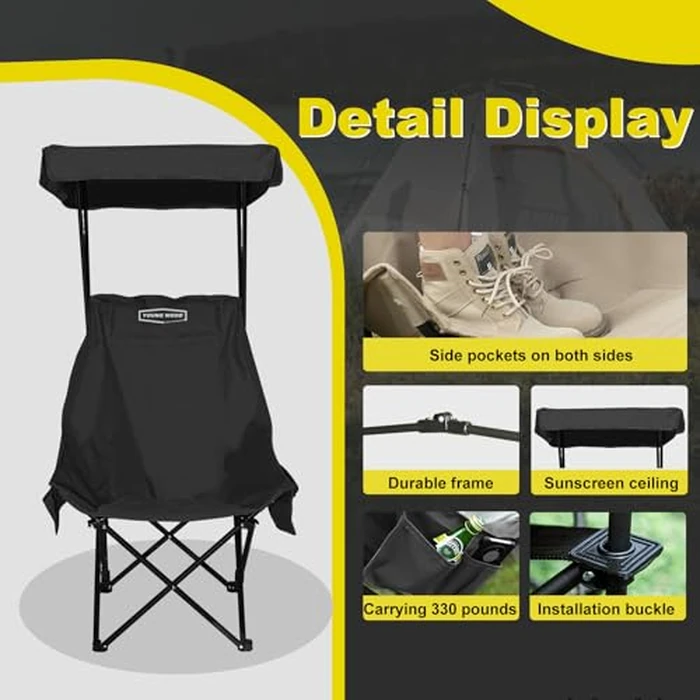 YOUNG WOOD Portable Camping Chair Beach Chair with Shade Canopy, Fold Lightweight Oversized for All, Easy to Open and Close Without Installation, Side Pocket Design for All Outdoor Activities, Black by YOUNG WOOD - Image 3