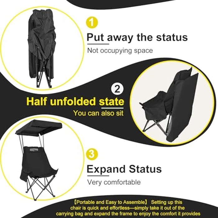 YOUNG WOOD Portable Camping Chair Beach Chair with Shade Canopy, Fold Lightweight Oversized for All, Easy to Open and Close Without Installation, Side Pocket Design for All Outdoor Activities, Black by YOUNG WOOD - Image 4
