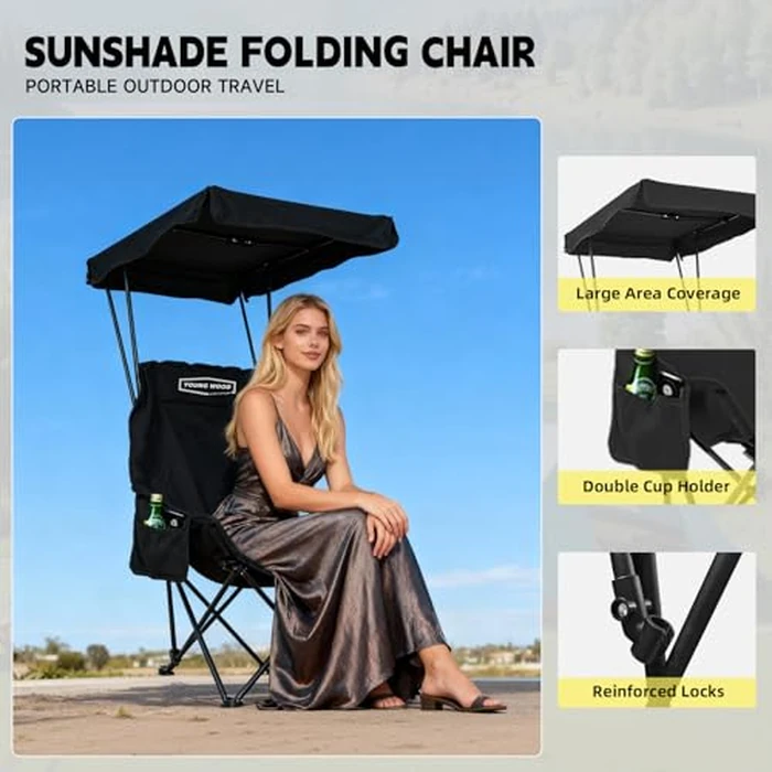 YOUNG WOOD Portable Camping Chair Beach Chair with Shade Canopy, Fold Lightweight Oversized for All, Easy to Open and Close Without Installation, Side Pocket Design for All Outdoor Activities, Black by YOUNG WOOD - Image 8