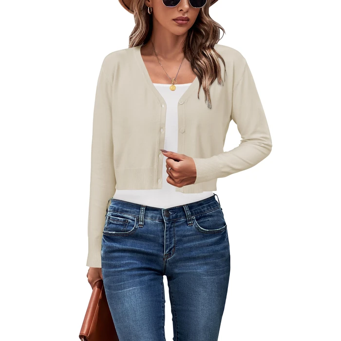 Newshows Womens Fashion Summer Cropped Cardigan Open Front Button Down Knit Bolero Shrug 2026 Spring Trendy Long Sleeve V Neck Business Casual Sweaters Apricot L by Newshows - Used - Like New condition - US$20.89