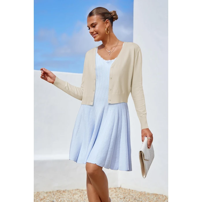 Newshows Womens Fashion Summer Cropped Cardigan Open Front Button Down Knit Bolero Shrug 2026 Spring Trendy Long Sleeve V Neck Business Casual Sweaters Apricot L by Newshows - Image 2