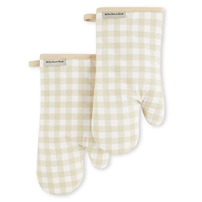 KitchenAid Gingham Oven Mitt 2-Pack Set, Milkshake, 7"x13" by KitchenAid - Image 1