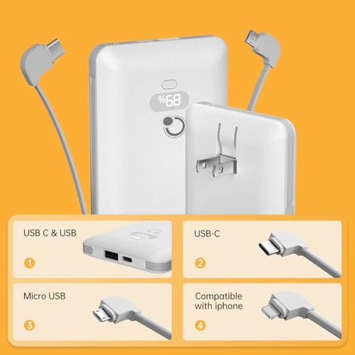 Brand Q 10000mAh Portable Charger with Built-in Cables and AC Wall Plug, USB C Fast Charging Power Bank with 3 Cords,5 Output External Battery Pack Compatible with iPhone,Tablet and All Smart Phones by Brand Q - Image 6