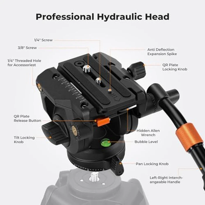 K&F CONCEPT Video Tripod Fluid Head with Handle & Arca Type Quick Release, Max Load 17.6lbs, Pan Tilt Head Support 360 degrees Swivel and 90 degrees / -75 degrees Tilt, Heavy Duty for DSLR Video Cameras, BV40 by K&F CONCEPT - Image 2