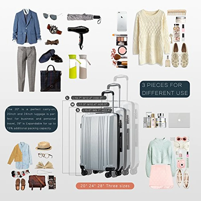 Coolife Luggage Suitcase PC+ABS with TSA Lock Spinner Carry on Hardshell Lightweight 20in 24in 28in(Sliver, S(20in_Carry on)) by Coolife - Image 7