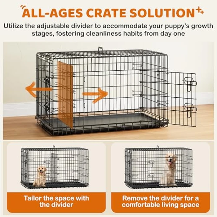Yaheetech Dog Crate 42'' Double Door Dog Crate w/Divider for Puppy to Adult Large Collapsible Metal Dog Crate with Removable Tray Wire Dog Kennel Crate for Small Medium Dogs Travel Cage, Black by Yaheetech - Image 3