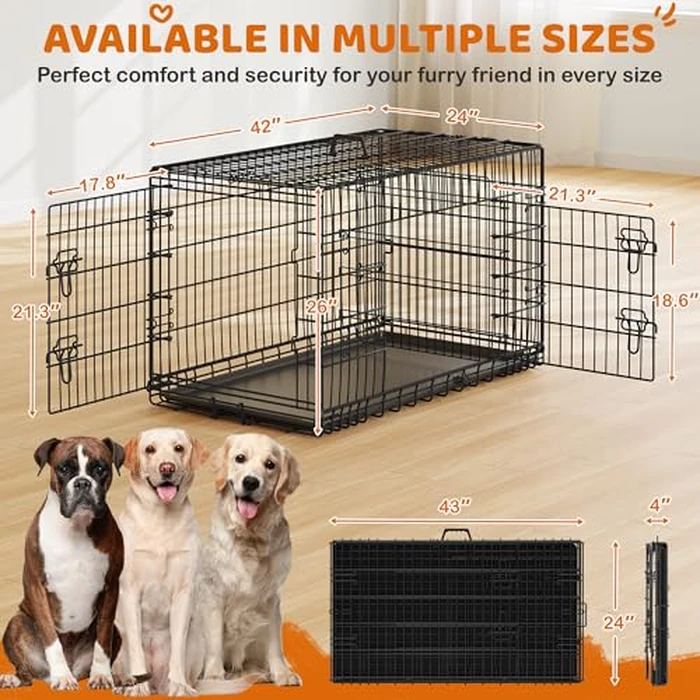 Yaheetech Dog Crate 42'' Double Door Dog Crate w/Divider for Puppy to Adult Large Collapsible Metal Dog Crate with Removable Tray Wire Dog Kennel Crate for Small Medium Dogs Travel Cage, Black by Yaheetech - Image 8