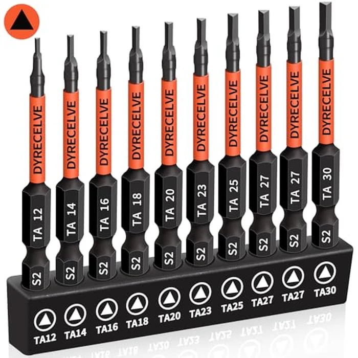 10-Pack Triangle Screwdriver Set - Premium S2 Steel Triangle Bit Set (2.56" Long Magnetic Head) 1/4 Hex-Shank, Sizes: TA12, TA14, TA16, TA18, TA20, TA23, TA25, TA27 (x2), TA30, Professional & DIY Use by DYRECELVE - Image 1