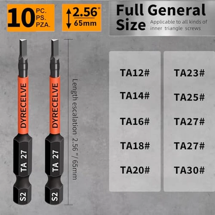 10-Pack Triangle Screwdriver Set - Premium S2 Steel Triangle Bit Set (2.56" Long Magnetic Head) 1/4 Hex-Shank, Sizes: TA12, TA14, TA16, TA18, TA20, TA23, TA25, TA27 (x2), TA30, Professional & DIY Use by DYRECELVE - Image 4