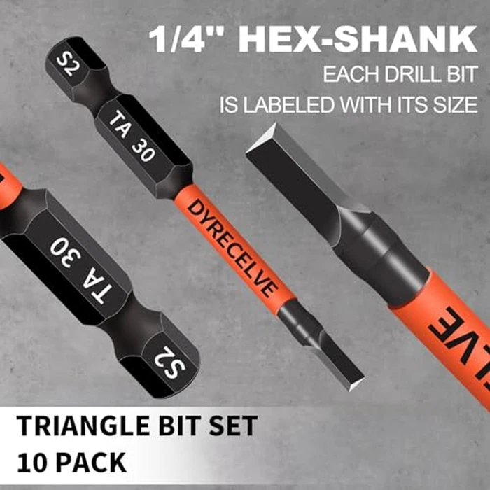 10-Pack Triangle Screwdriver Set - Premium S2 Steel Triangle Bit Set (2.56" Long Magnetic Head) 1/4 Hex-Shank, Sizes: TA12, TA14, TA16, TA18, TA20, TA23, TA25, TA27 (x2), TA30, Professional & DIY Use by DYRECELVE - Image 5