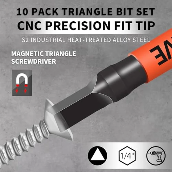 10-Pack Triangle Screwdriver Set - Premium S2 Steel Triangle Bit Set (2.56" Long Magnetic Head) 1/4 Hex-Shank, Sizes: TA12, TA14, TA16, TA18, TA20, TA23, TA25, TA27 (x2), TA30, Professional & DIY Use by DYRECELVE - Image 7