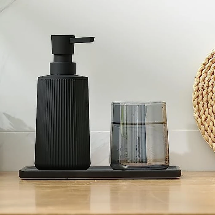 Small Soap Dispenser for Bathroom and Kitchen, Modern Farmhouse Striped Style Plastic Hand Soap Dish Soap Dispenser with Pump Matte Black by YAUKPH - Image 2