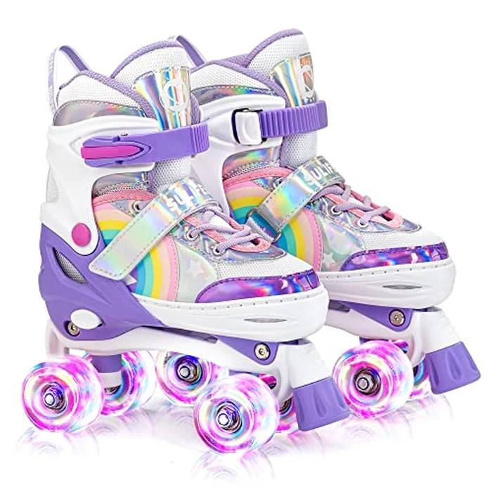SULIFEEL Rainbow Unicorn 4 Size Adjustable Light up Roller Skates for Girls Boys Kids Purple Medium B Purple Medium - Big Kid by SULIFEEL - Used - Like New condition