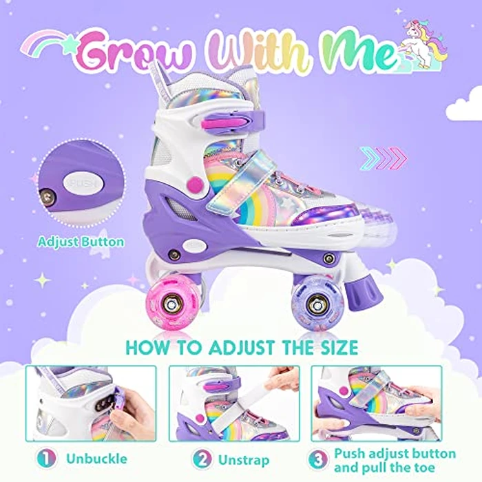 SULIFEEL Rainbow Unicorn 4 Size Adjustable Light up Roller Skates for Girls Boys Kids Purple Medium B Purple Medium - Big Kid by SULIFEEL - Image 2