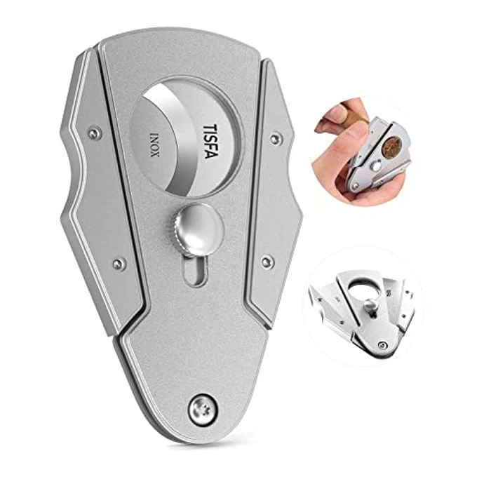 TISFA Cigar Cutter Stainless Steel Double Cut Blade with Safety Lock Cigar Guillotine, Sharp Cigar Clipper Scissors with Leather Case (Sliver) by TISFA - Used - Like New condition - US$22.63