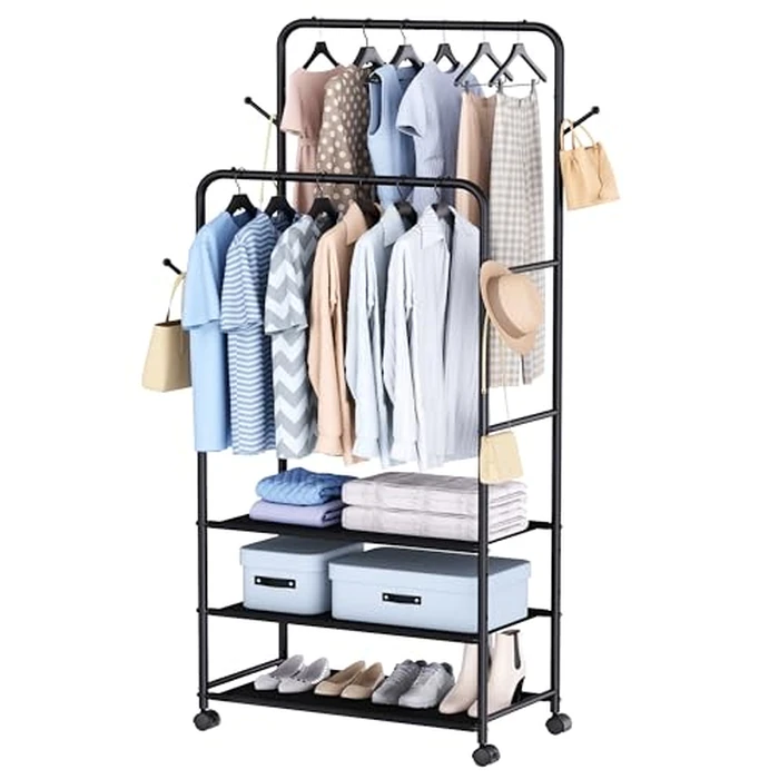 Whitmor Double Rod Clothes Rack: Metal Rolling Clothing Racks for Hanging Clothes, Heavy Duty Garment Rack with 3 Shelves, Portable Clothes Organizer for Bedroom, Laundry, Living Room, Black by Whitmor - Used - Like New condition