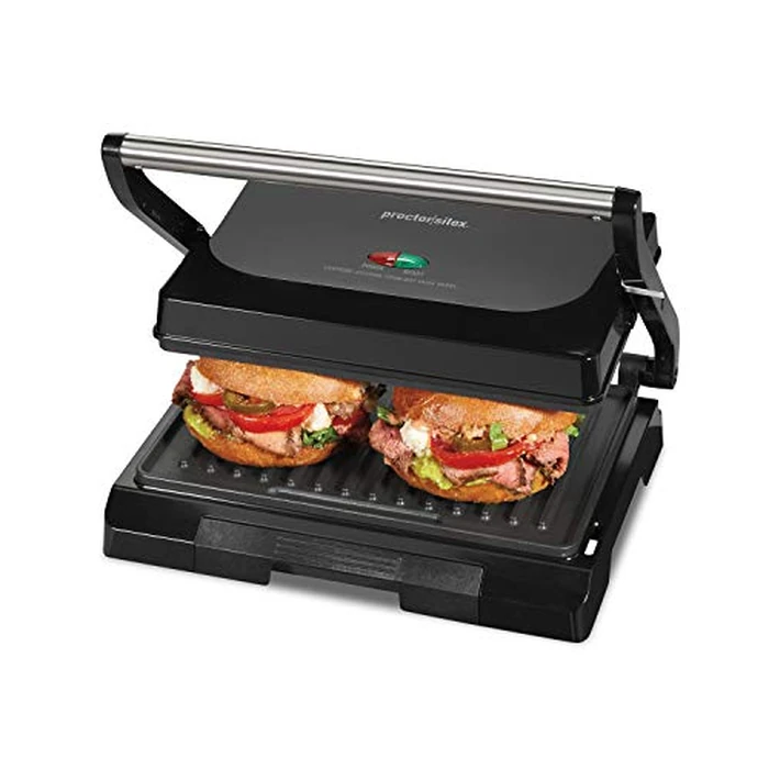 Proctor Silex 4 Serving Panini Press, Sandwich Maker and Compact Indoor Grill, Upright Storage, Easy Clean Nonstick Grids, Black (25440PS) by Proctor Silex - Used - Good condition - CA$30.88