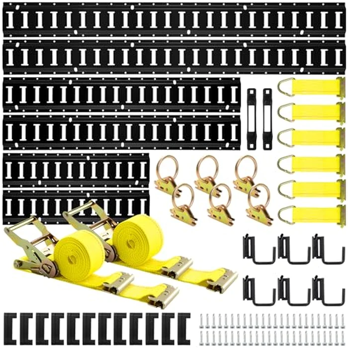 Elechomes E Track Tie-Down Rail Kit：88 Pcs Set Etrack kit 6 Rails, 2 Ratchet Straps, 6 Rope Tie Offs, 6 O Ring Anchors, 6 J-Hooks, 2 Single Slot, 12 End Caps for Garages Vans Trailers Motorcycle by Elechomes - Used - Very Good condition
