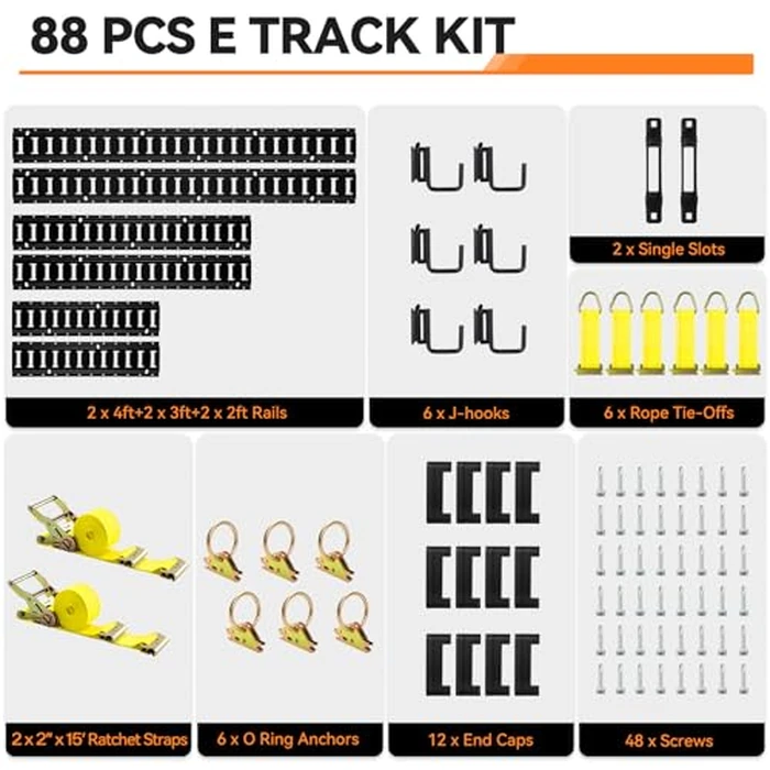 Elechomes E Track Tie-Down Rail Kit：88 Pcs Set Etrack kit 6 Rails, 2 Ratchet Straps, 6 Rope Tie Offs, 6 O Ring Anchors, 6 J-Hooks, 2 Single Slot, 12 End Caps for Garages Vans Trailers Motorcycle by Elechomes - Image 6