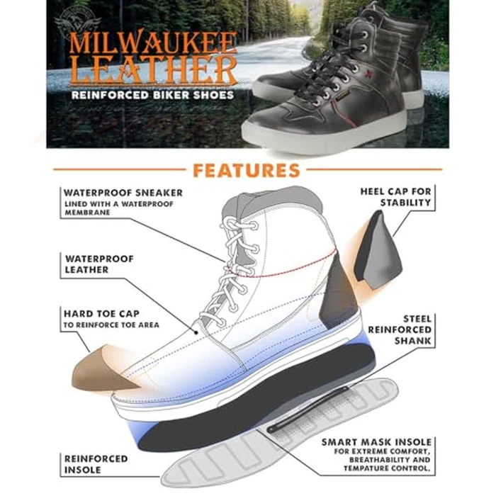Milwaukee Leather MBM9152 Men's Black Leather High-Top Biker Riding Waterproof Shoes Reinforced w/Ankle Support - 10 by Milwaukee Leather - Image 4