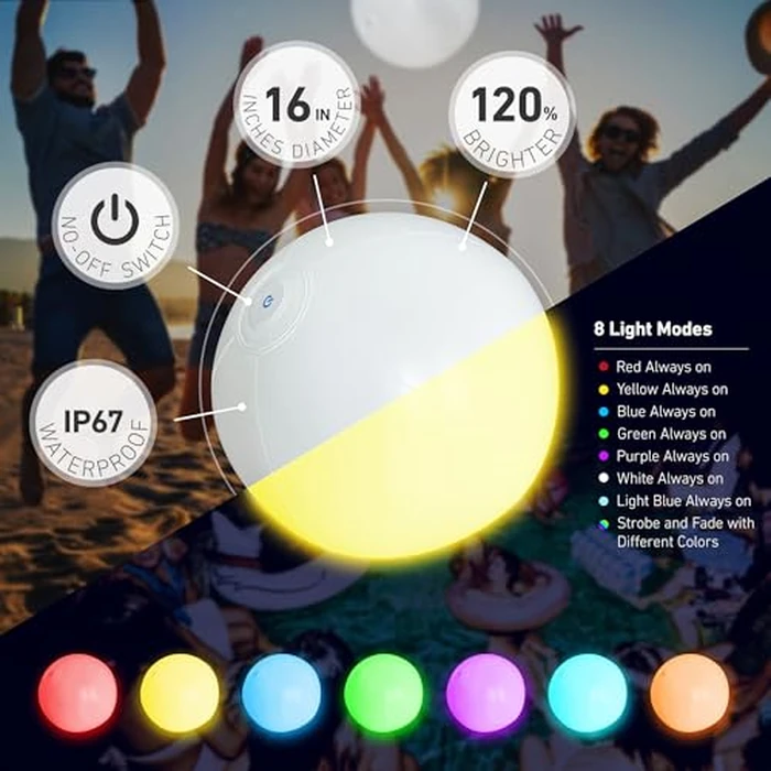 KIRALUMI Pool Toys - 16" Light Up Beach Ball, 1 Pack Glow in The Dark Balls with 8 LED Modes, Pool Games for Adults, Teens and Kids, LED Ball for Outdoor or Indoor Activities by KIRALUMI - Image 2