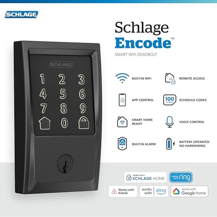 Schlage Encode Smart Wi-Fi Deadbolt Lock with Touchscreen Keypad, Keyless Front Door Entry, App Control, Alexa, Google Home and Airbnb Compatible, Matte Black, BE489WB CEN 622 by SCHLAGE - Image 2
