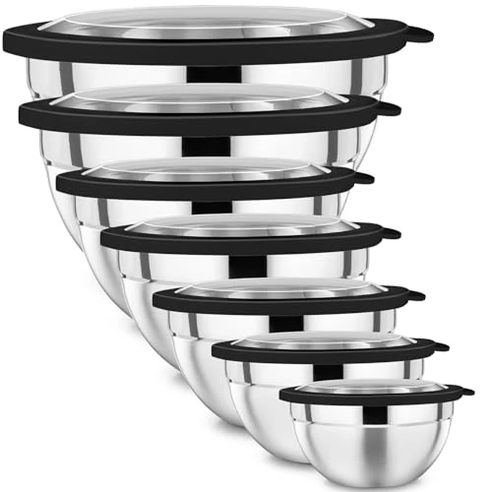 P&P CHEF Mixing Bowl with Lid Set of 7, Stainless Steel Nesting Salad Bowls for Cooking Serving Prepping, Clear Lids & Stackable Design, Size 4.6, 3.5, 3, 2, 1.5, 1, 0.7 Qt - Black by P&P CHEF - Used - Like New condition - US$23.40