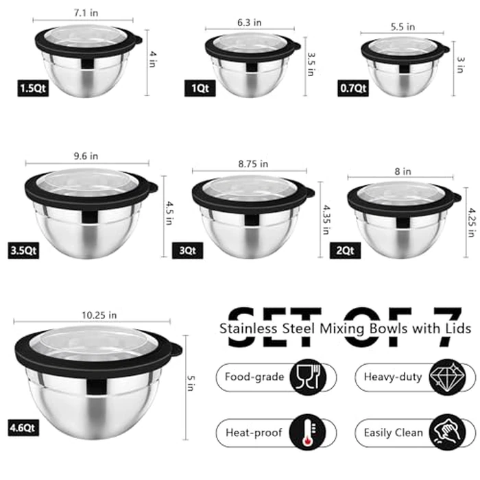 P&P CHEF Mixing Bowl with Lid Set of 7, Stainless Steel Nesting Salad Bowls for Cooking Serving Prepping, Clear Lids & Stackable Design, Size 4.6, 3.5, 3, 2, 1.5, 1, 0.7 Qt - Black by P&P CHEF - Image 2