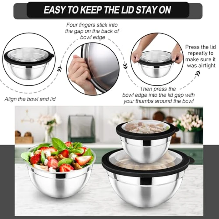 P&P CHEF Mixing Bowl with Lid Set of 7, Stainless Steel Nesting Salad Bowls for Cooking Serving Prepping, Clear Lids & Stackable Design, Size 4.6, 3.5, 3, 2, 1.5, 1, 0.7 Qt - Black by P&P CHEF - Image 7