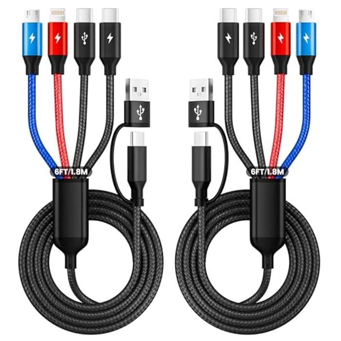 6FT 2Packs Travel 4 in 2 Charging Cable with Dual Type-C Ports, USBA/C Multi Charging Cable for Multiple Devices, Tinned Copper Universal Car Charger for iPhone17-12, Android Tablet Pad and More by MPATIBY - Image 1