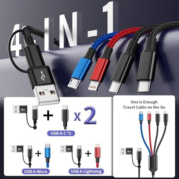 6FT 2Packs Travel 4 in 2 Charging Cable with Dual Type-C Ports, USBA/C Multi Charging Cable for Multiple Devices, Tinned Copper Universal Car Charger for iPhone17-12, Android Tablet Pad and More by MPATIBY - Image 2