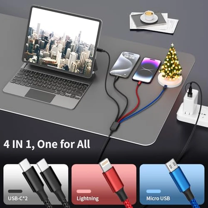 6FT 2Packs Travel 4 in 2 Charging Cable with Dual Type-C Ports, USBA/C Multi Charging Cable for Multiple Devices, Tinned Copper Universal Car Charger for iPhone17-12, Android Tablet Pad and More by MPATIBY - Image 3