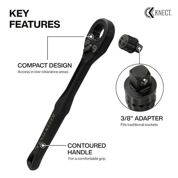 KLEIN TOOLS 65408ADP KNECT (M) Pass Through Ratchet and 3/8-Inch Socket Adapter Set, 90-Tooth Wrench for Extended Threaded Rods, Compact and Comfortable Grip, Traditional Socket Compatibility by KLEIN TOOLS - Image 3