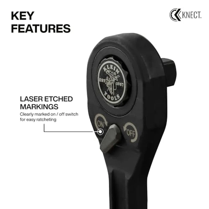 KLEIN TOOLS 65408ADP KNECT (M) Pass Through Ratchet and 3/8-Inch Socket Adapter Set, 90-Tooth Wrench for Extended Threaded Rods, Compact and Comfortable Grip, Traditional Socket Compatibility by KLEIN TOOLS - Image 4