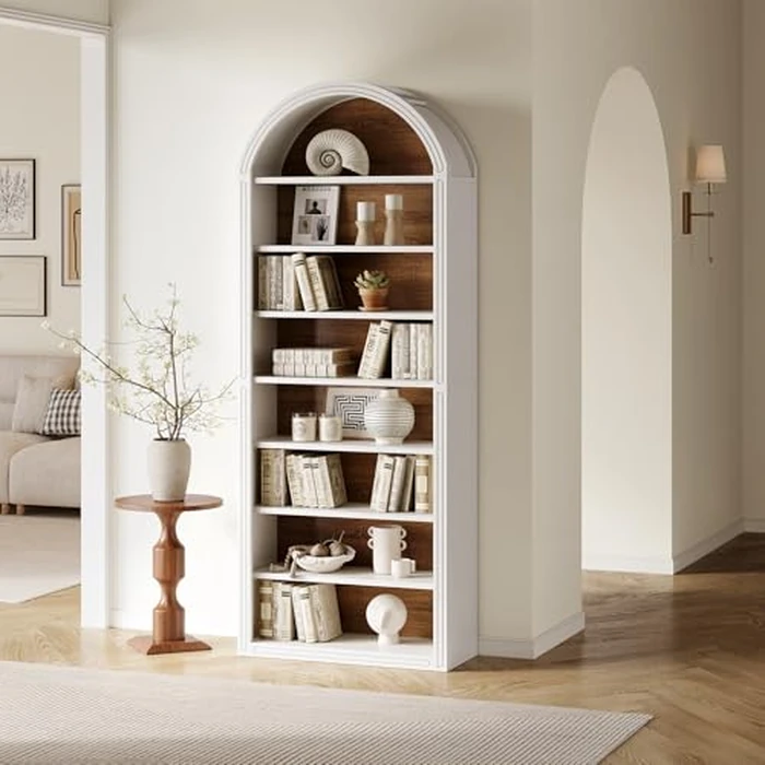 LITTLE TREE 8-Tier Bookcase, 78.7" Tall Bookshelf with Arched Top, Large Freestanding Wooden Open Bookcase Bookshelf, Modern Book Shelf Organizer for Living Room, Bedroom, Office, Library, White Brown by LITTLE TREE - Used - Acceptable condition