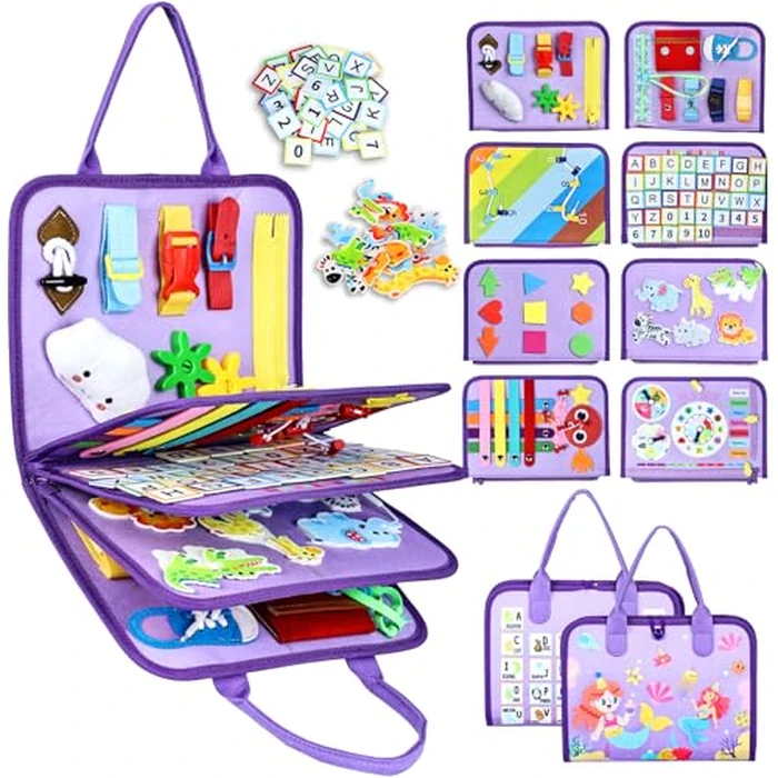 Esjay Toddler Busy Board Montessori Toys for Girls, Sensory Book Educational Activities Learning Fine Motor Skills, Birthday Gifts for Girls Toddlers, Travel Toys for Airplane Car, Purple Merpeople by Esjay - Image 1