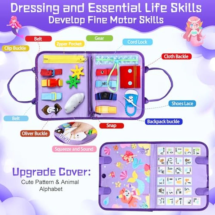 Esjay Toddler Busy Board Montessori Toys for Girls, Sensory Book Educational Activities Learning Fine Motor Skills, Birthday Gifts for Girls Toddlers, Travel Toys for Airplane Car, Purple Merpeople by Esjay - Image 2