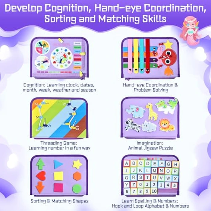 Esjay Toddler Busy Board Montessori Toys for Girls, Sensory Book Educational Activities Learning Fine Motor Skills, Birthday Gifts for Girls Toddlers, Travel Toys for Airplane Car, Purple Merpeople by Esjay - Image 3