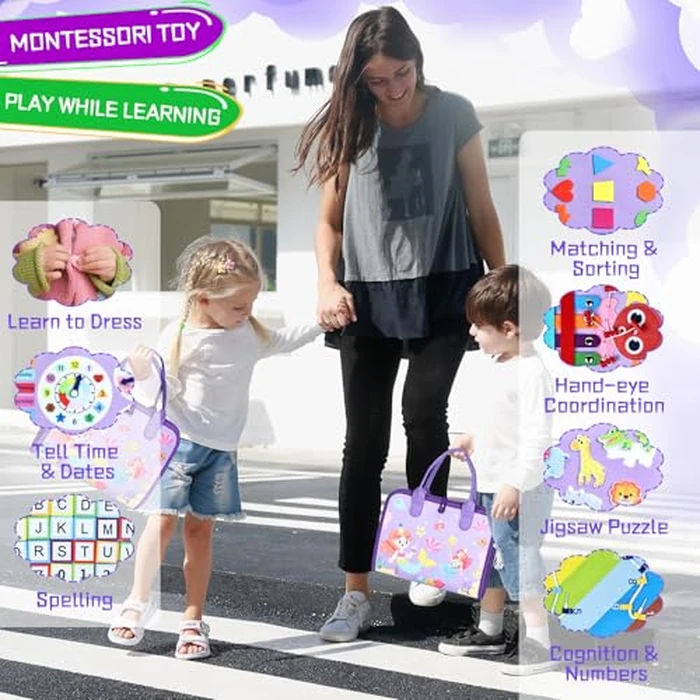 Esjay Toddler Busy Board Montessori Toys for Girls, Sensory Book Educational Activities Learning Fine Motor Skills, Birthday Gifts for Girls Toddlers, Travel Toys for Airplane Car, Purple Merpeople by Esjay - Image 6