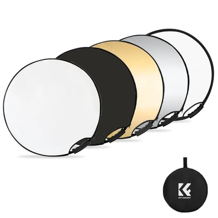 K&F CONCEPT 5-in-1 Light Reflector with Grip 22"(60cm) Photography Diffuser Collapsible Portable for Studio and Outdoor Lighting Gold Silver White Black Translucent by K&F CONCEPT - Used - Very Good condition - US$15.40